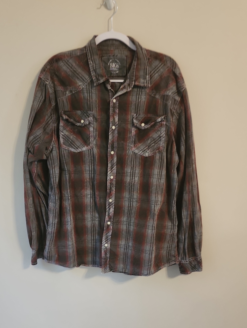 BKE Men's Plaid Button-Down Shirt in Red and Gray